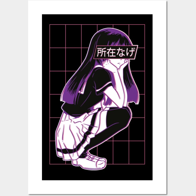 Bored Japanese Anime Girl Synthwave Retrowave Vaporwave Cyberpunk Grid Chillwave 80's Retro Wall Art by displace_design